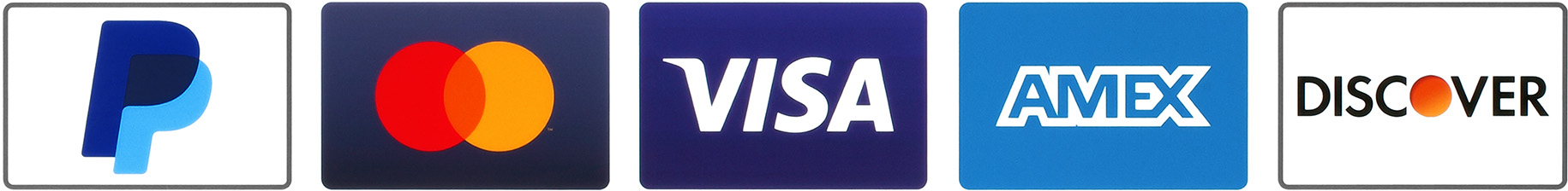 Payment method logos: PayPal, Visa, MasterCard, American Express, Discover
